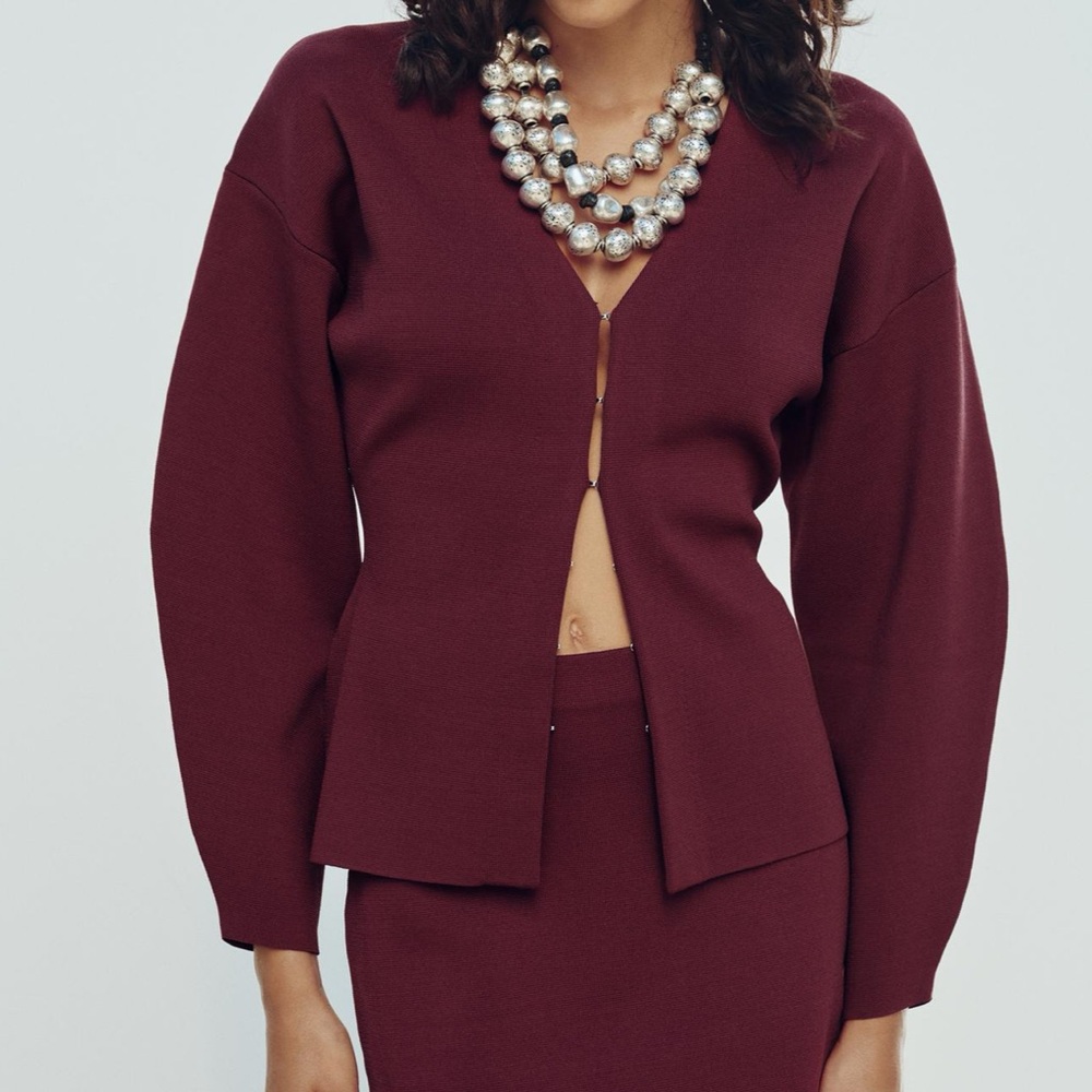 Zara - fitted waist plain knit cardigan and skirt set - burgundy